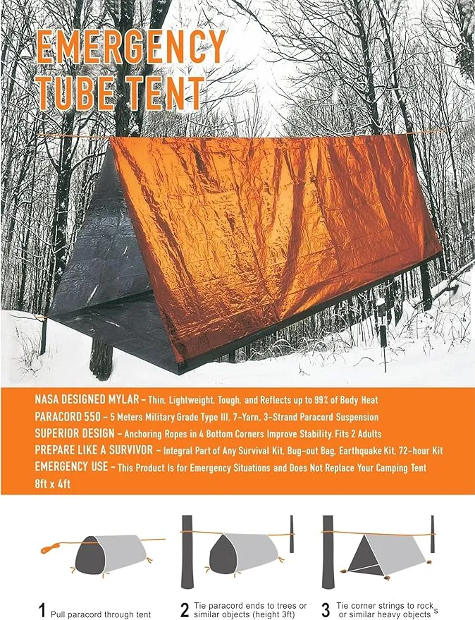 4 Pack Emergency Survival Tent Life Shelter 2 Person Mylar Tube Tents Tarp with Whistle & Paracord Year-Round All Weather Protection for Car Outdoor Hiking Camping Gear Equipment & First Aid Supplies