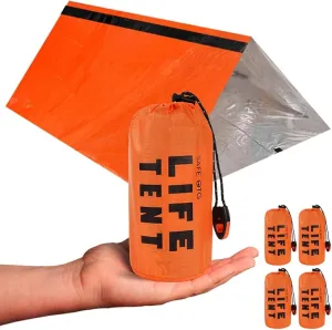 4 Pack Emergency Survival Tent Life Shelter 2 Person Mylar Tube Tents Tarp with Whistle & Paracord Year-Round All Weather Protection for Car Outdoor Hiking Camping Gear Equipment & First Aid Supplies