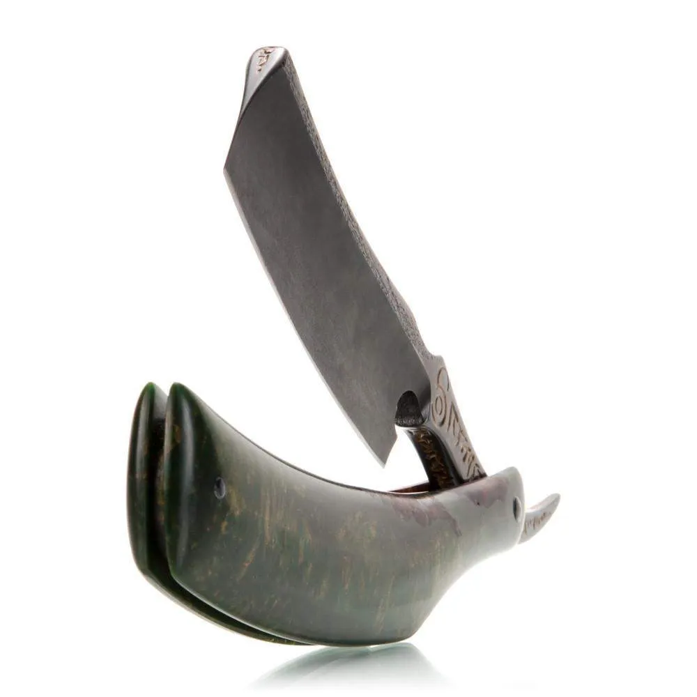 Dylan Farnham Custom Straight Razor - Green Resin With Copper, Manzanita Burl Scales