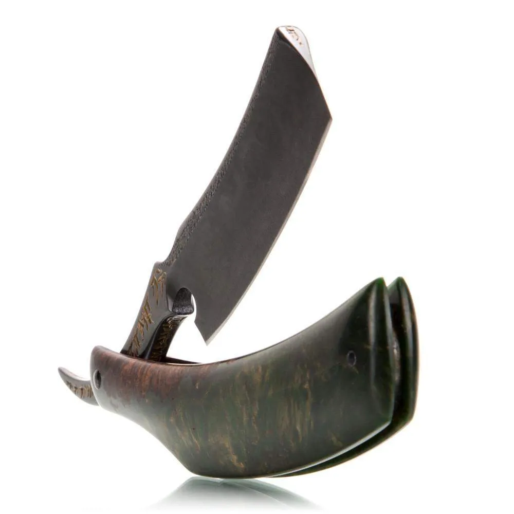Dylan Farnham Custom Straight Razor - Green Resin With Copper, Manzanita Burl Scales