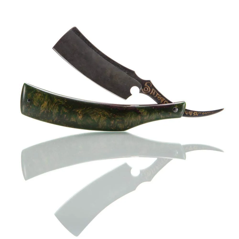 Dylan Farnham Custom Straight Razor - Green Resin With Copper, Manzanita Burl Scales